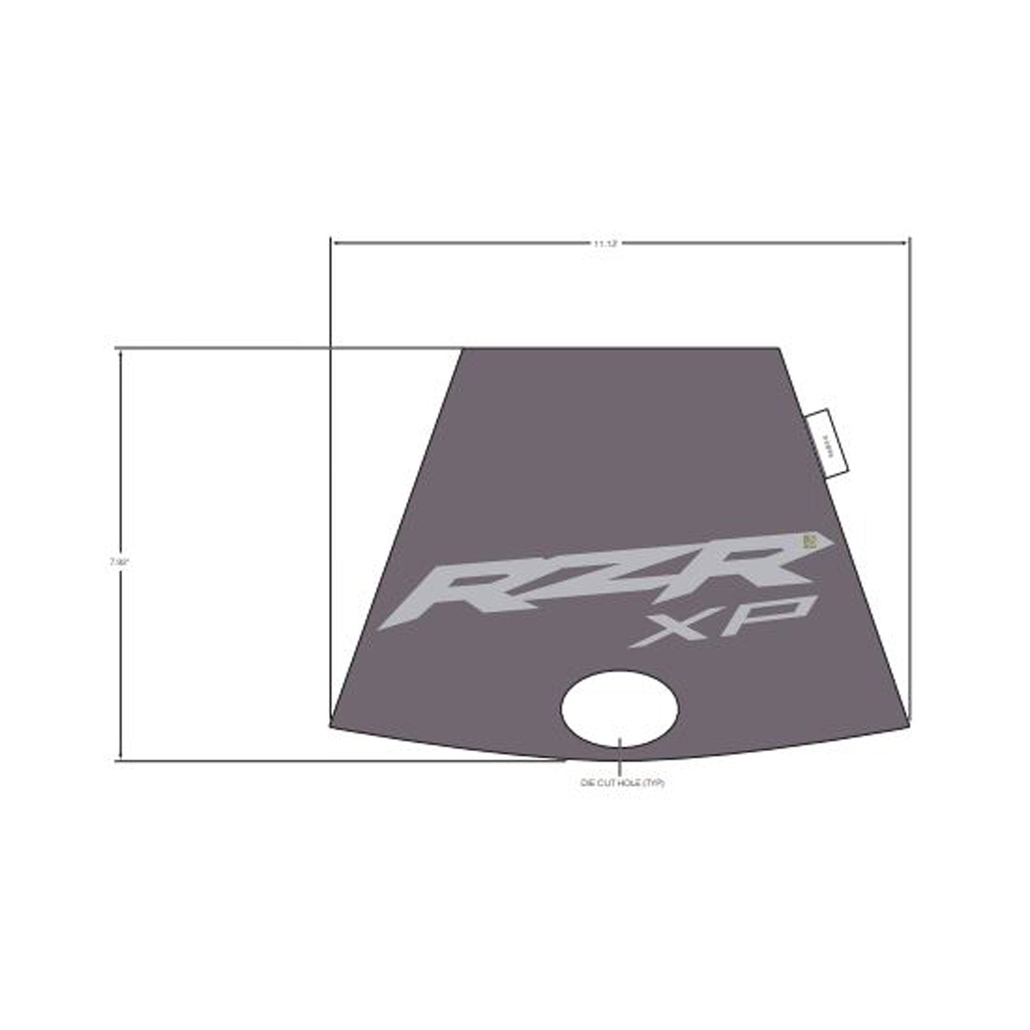 Matte gray trapezoid hood decal with silver RZR XP lettering and a central cutout hole.
