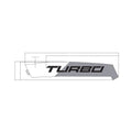 Gray and white angular front fender decal with bold black "TURBO" text.