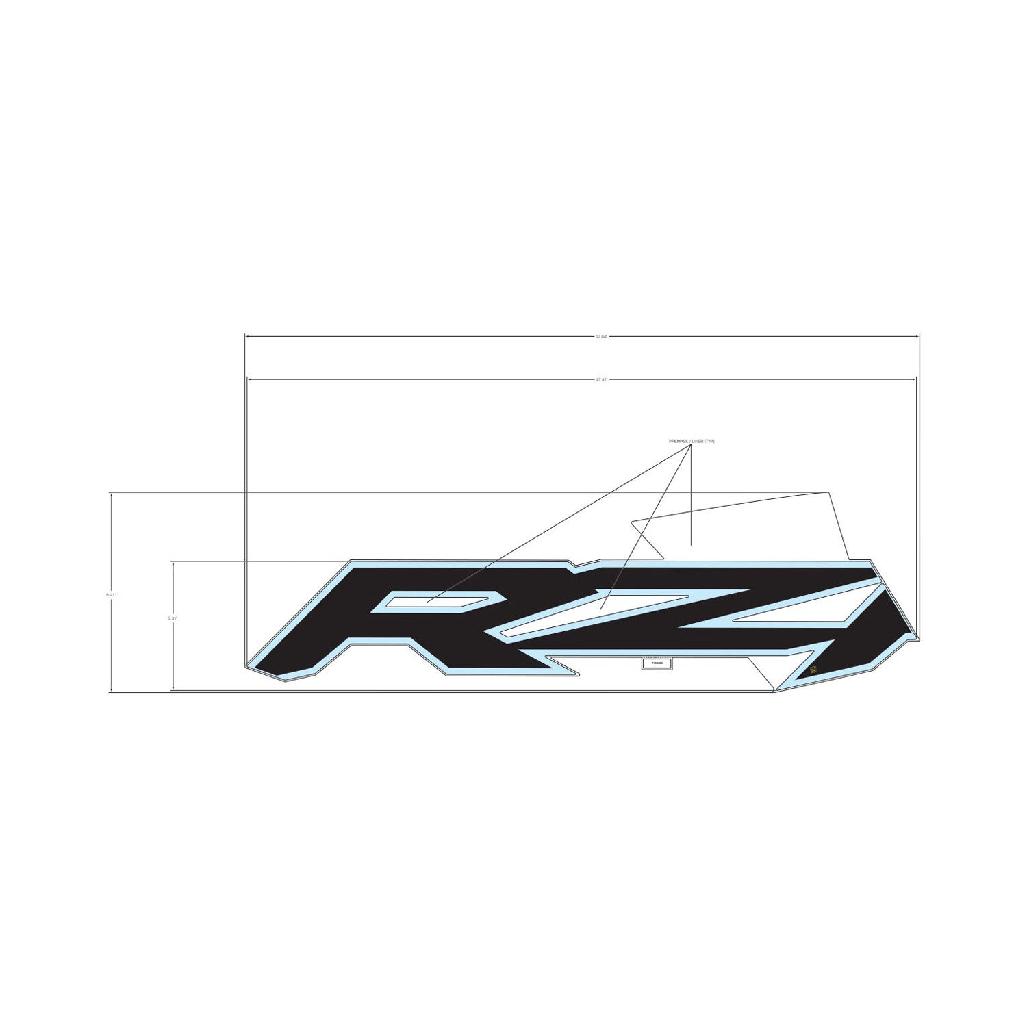 Black and gray angular RZR decal sticker with sharp edges and blue accent for Polaris UTV rear door right side.