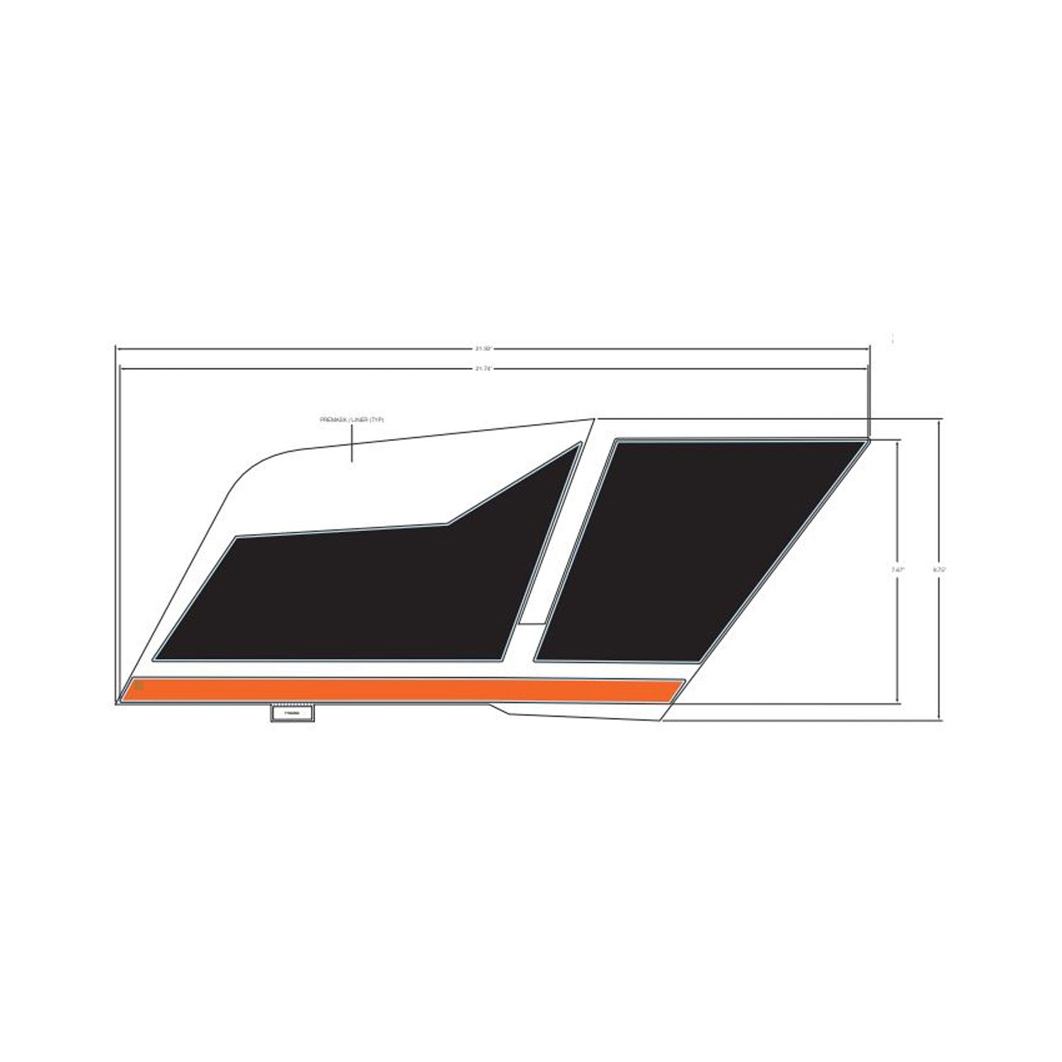 Black and orange angular body decal for left middle side of Polaris UTV with white background.
