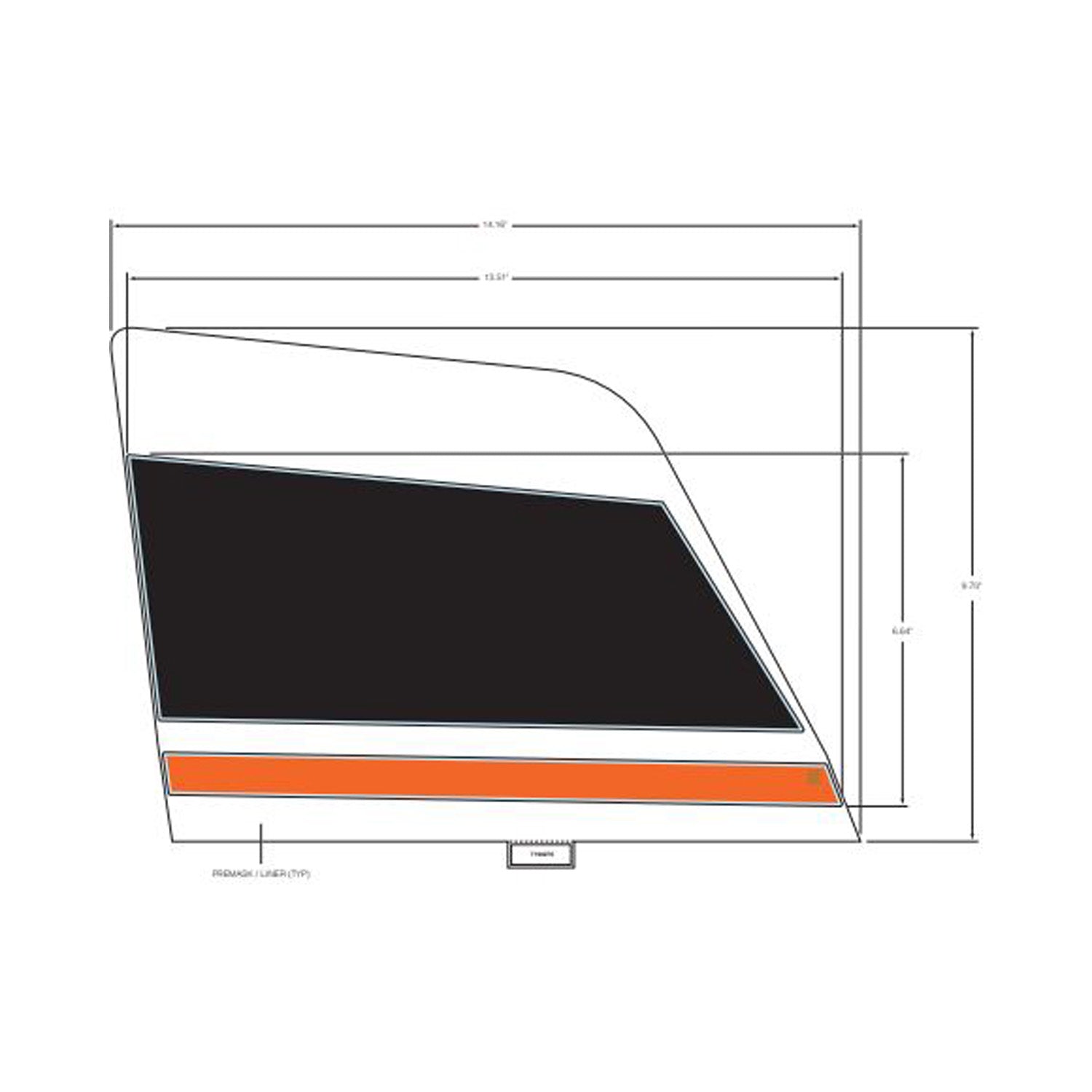 Black and orange angular vinyl body decal with white border and precise dimensions for Polaris UTV middle right side.