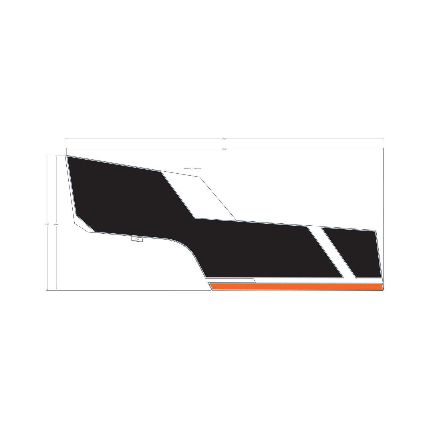 Black and orange angular rear lower door decal with white accent stripe for Polaris UTV.