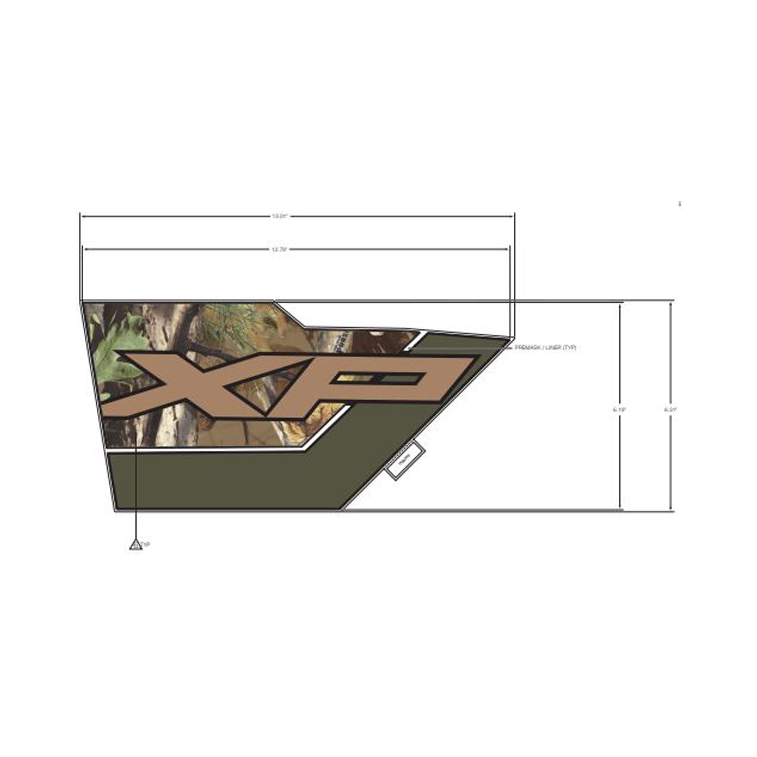 Right upper front fender decal for Polaris XP with camouflage and olive green design.
