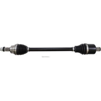Heavy-duty black metal CV axle with rubber boots on both ends and a small metal pin below it.