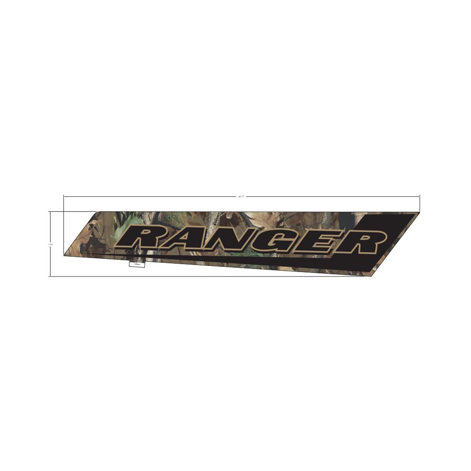 Camouflage print cargo box side decal with black "RANGER" text and sharp angled edges.