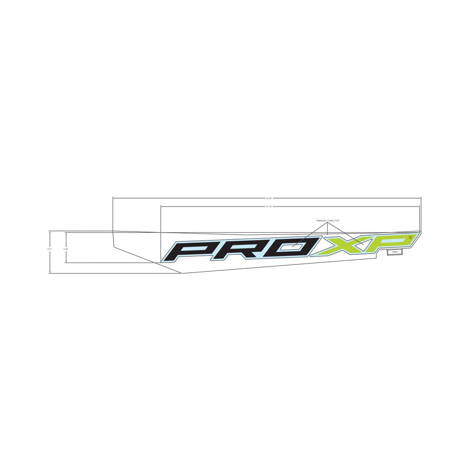 Black and lime green PRO XP decal strip for lower rear left fender, slim rectangular shape.
