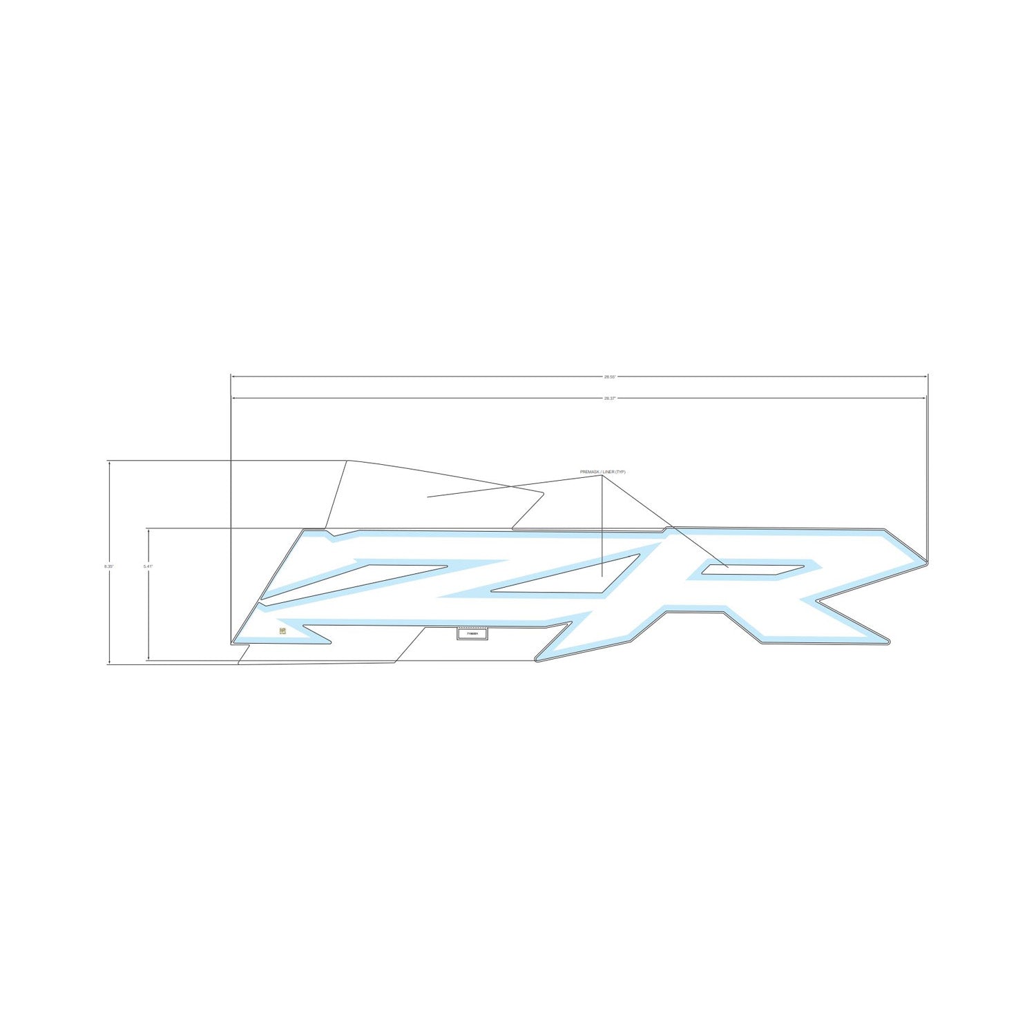 Polaris RZR rear door decal left side in light blue with stylized angular lettering.