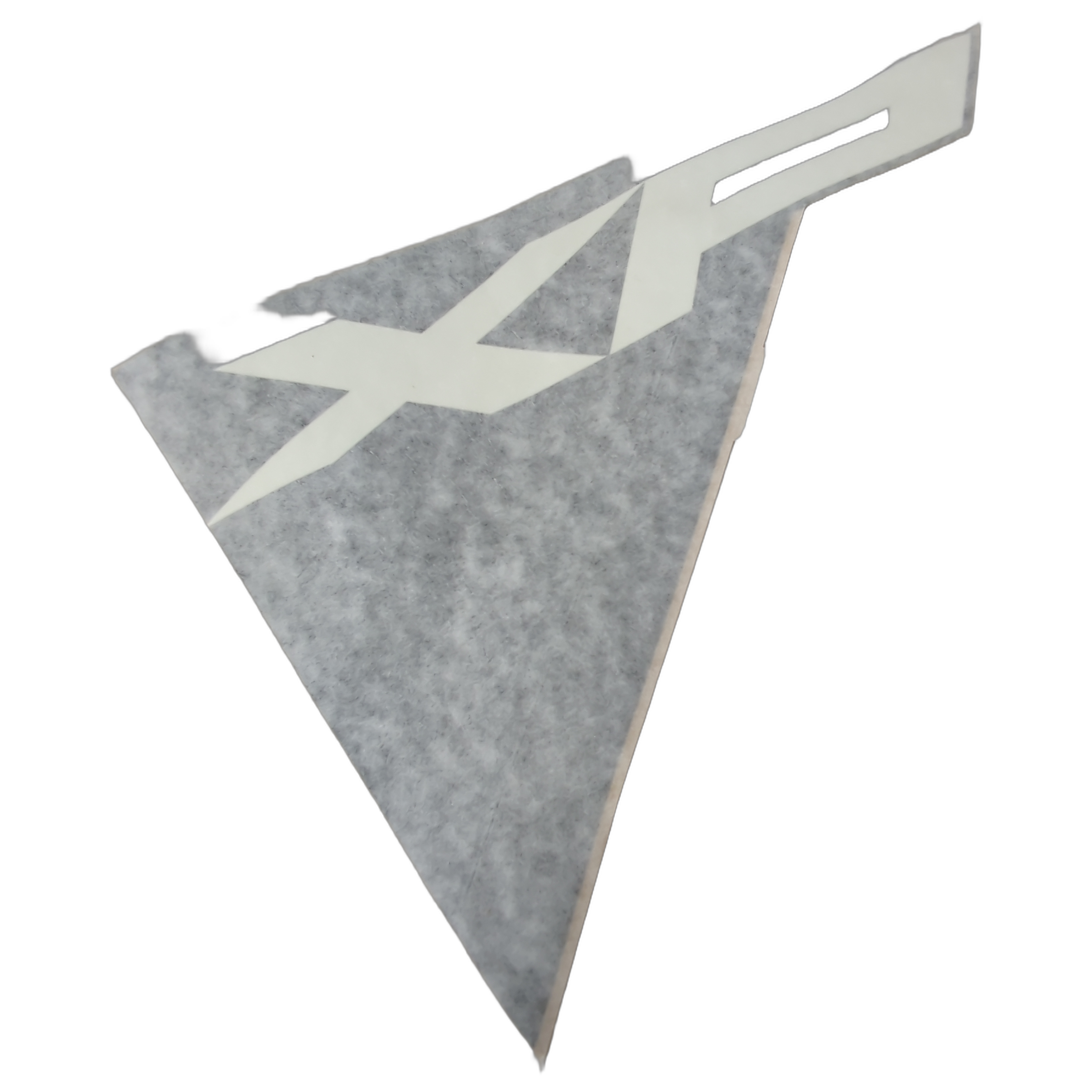 Gray and silver angular front fender decal with cutout details for right side.