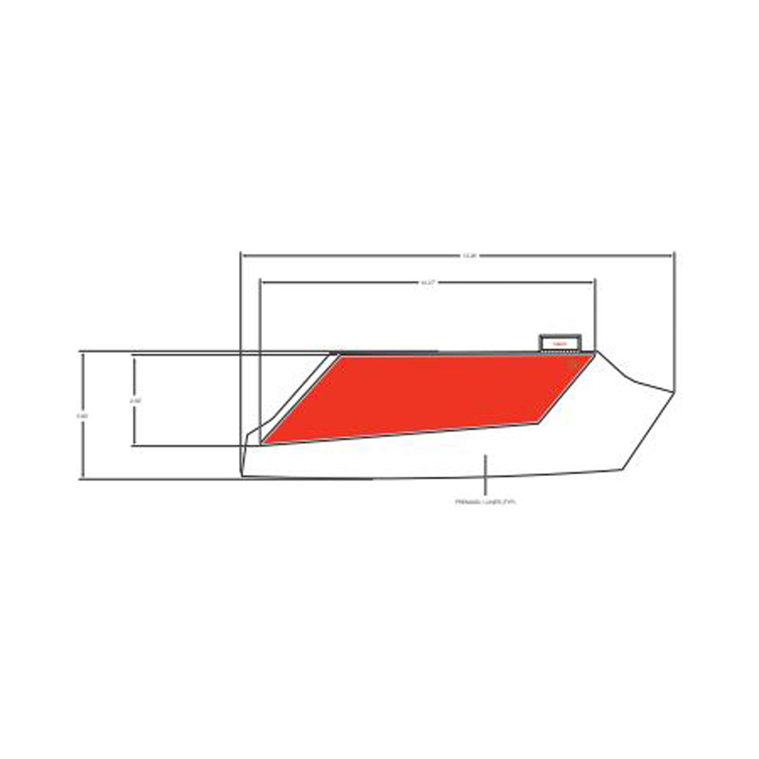 Red angular hood decal with white border and precise fit dimensions for Polaris UTV hood side panel.