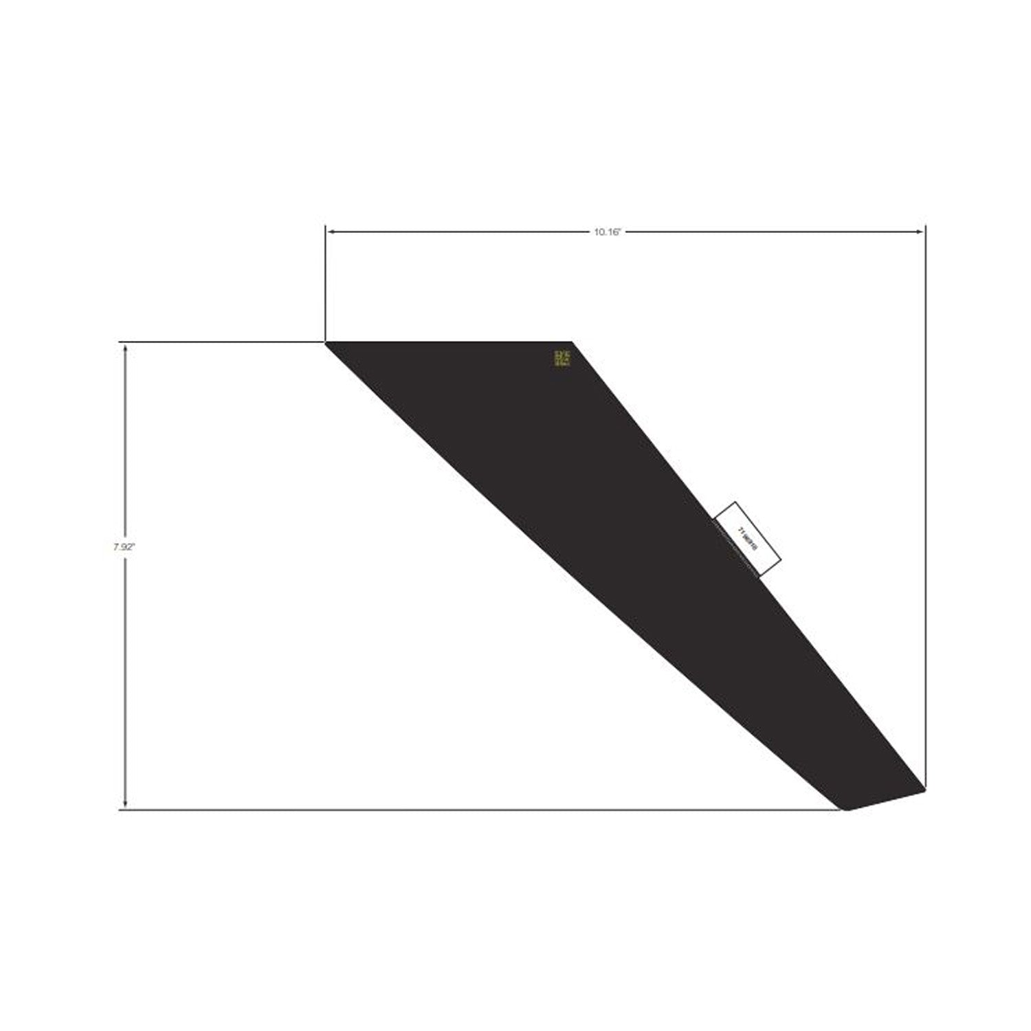 Black angular vinyl hood decal with precise length and width measurements shown.