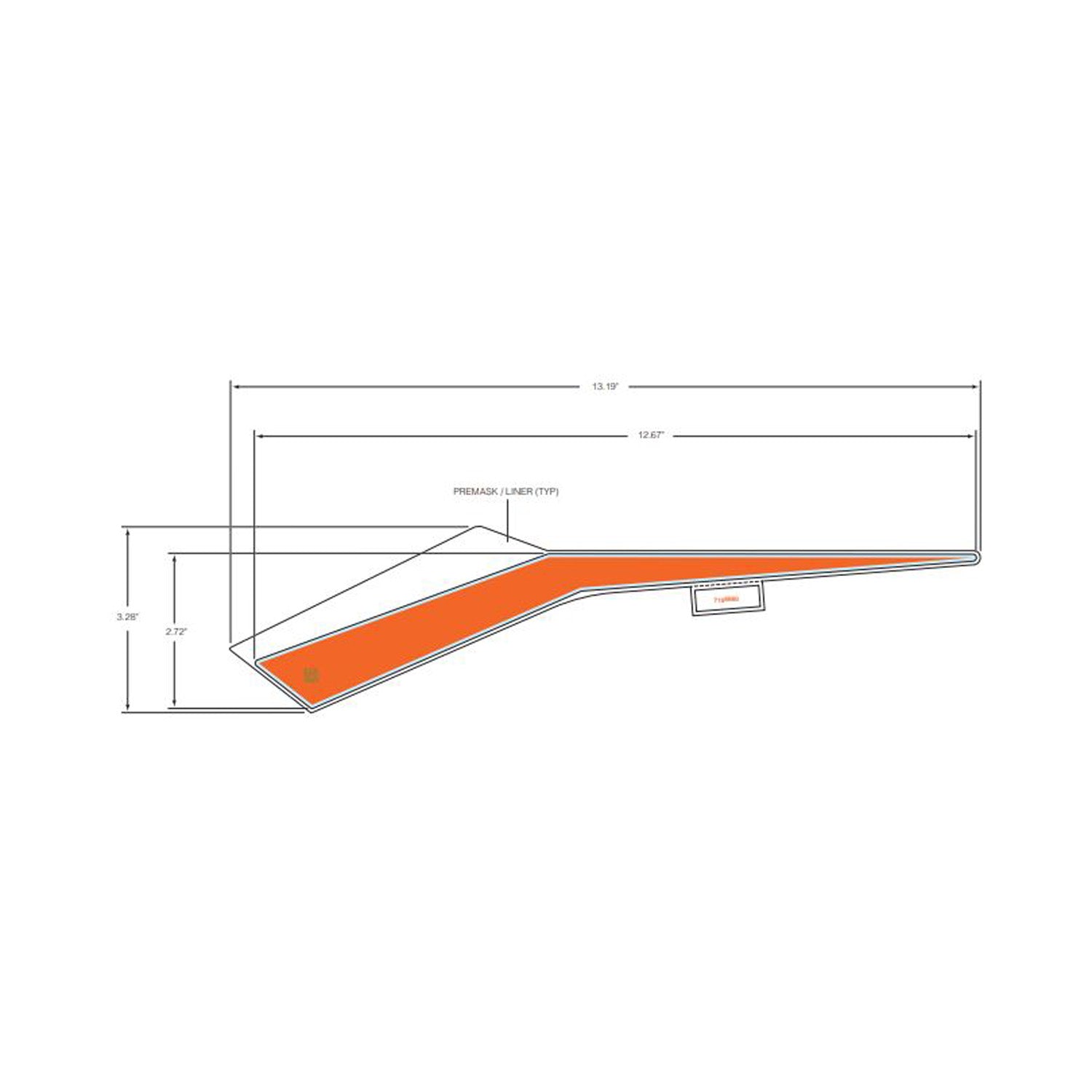 Orange and white angular decal for right front fender with precise cutout and measurement marks.