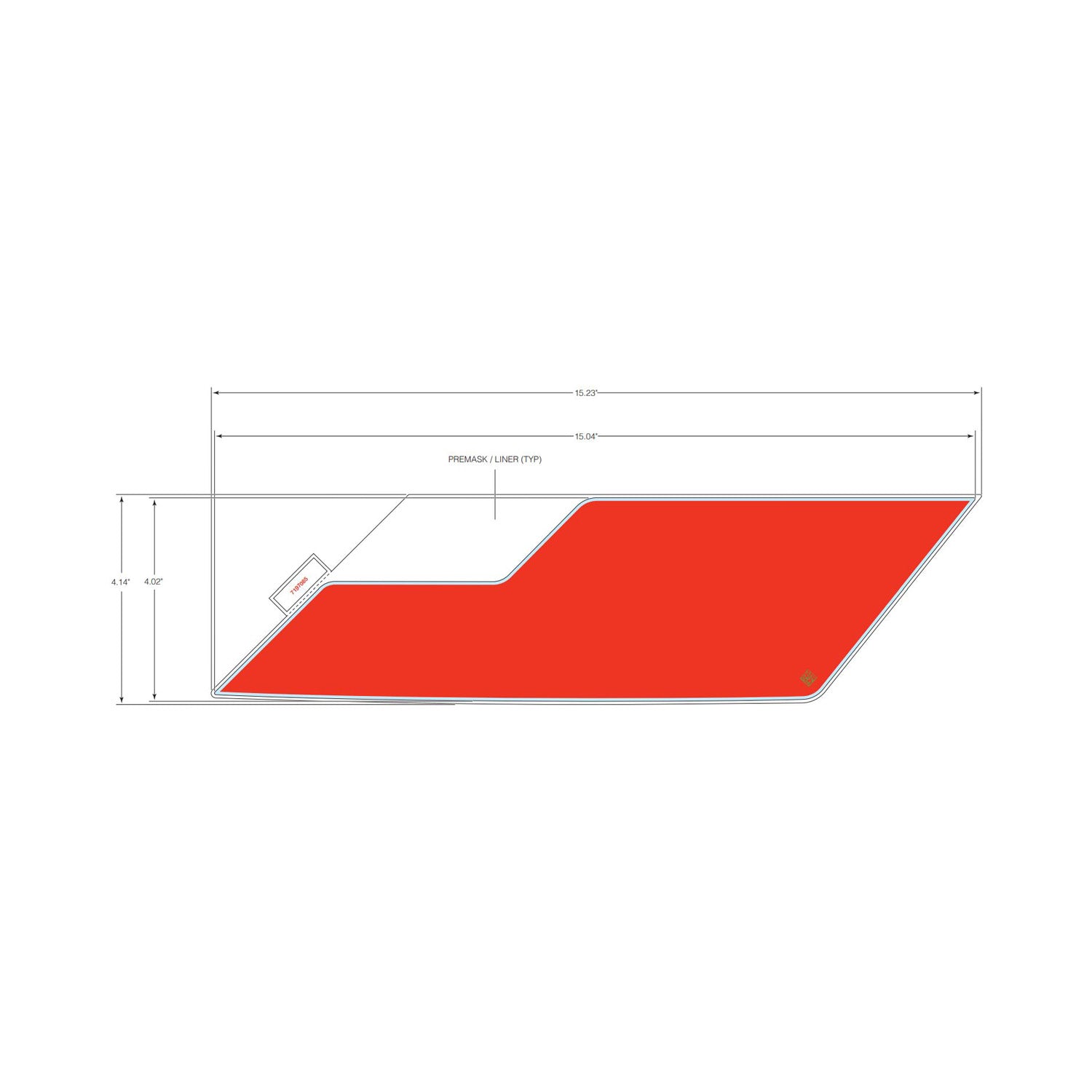 Red angular front fender decal with white and gray accents designed for left upper side.