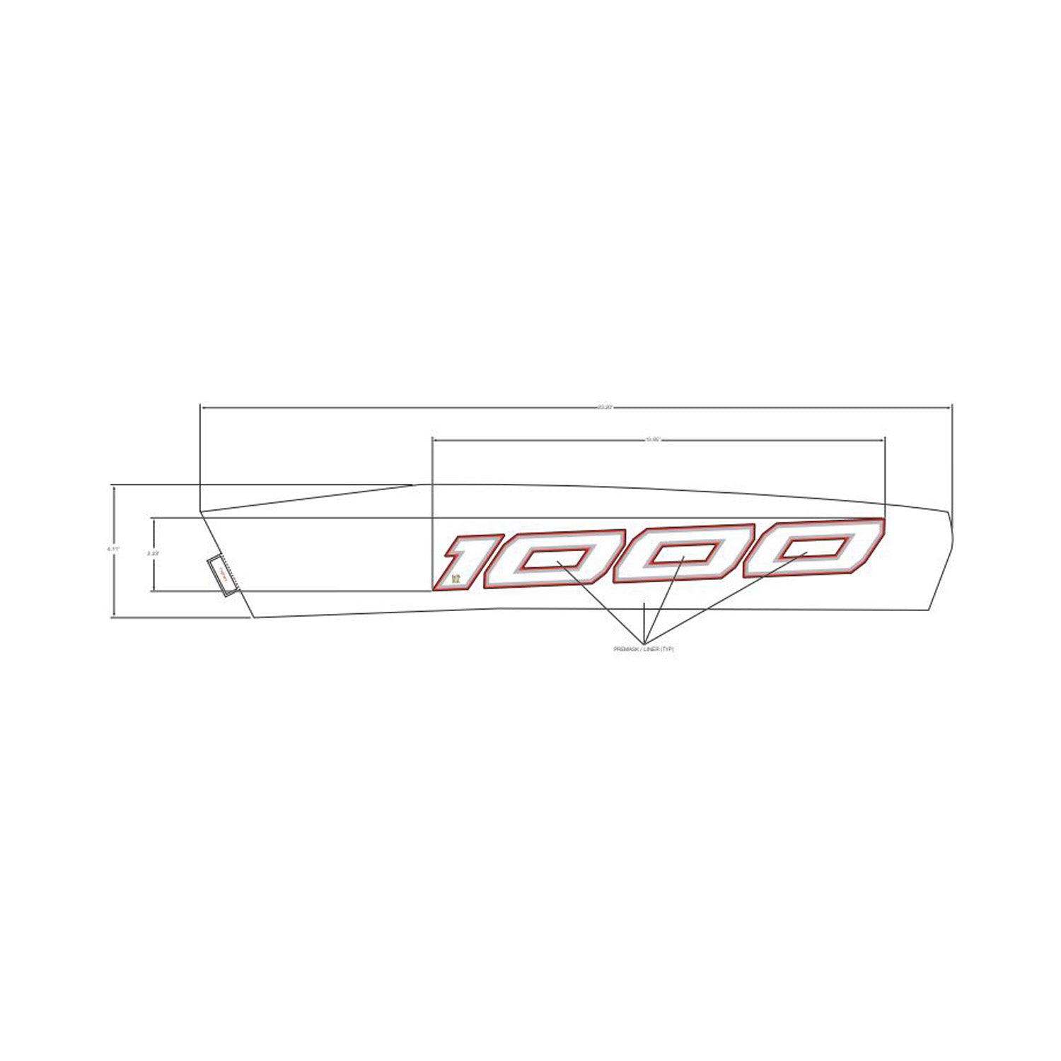 White front fender decal with red outlined "1000" text and angular stripe design.