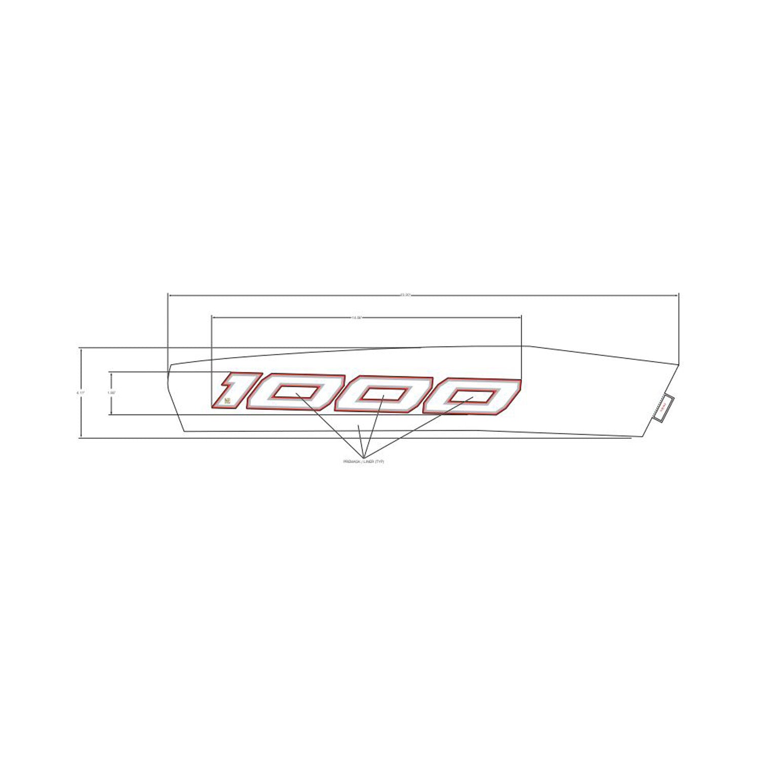Right front fender decal with red "1000" text outlined in red on clear backing for Polaris UTV.