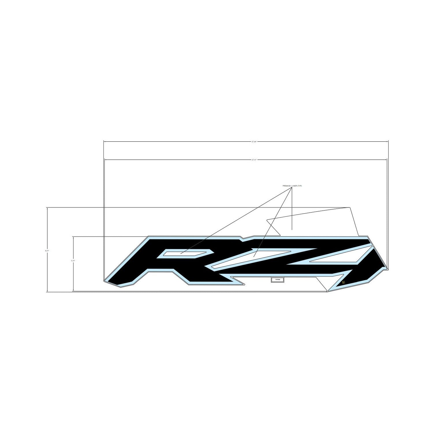 Black and white angular RZR logo decal with sharp edges for Polaris rear door middle right side.