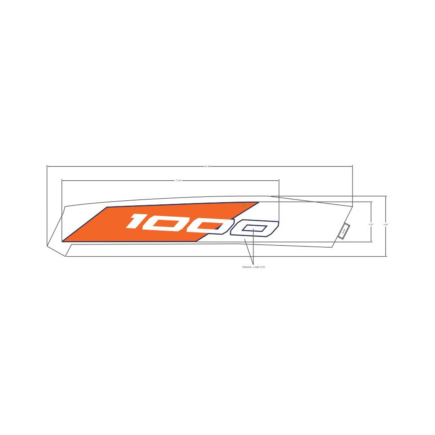 Angular orange and white decal with "1000" text for right upper front fender.