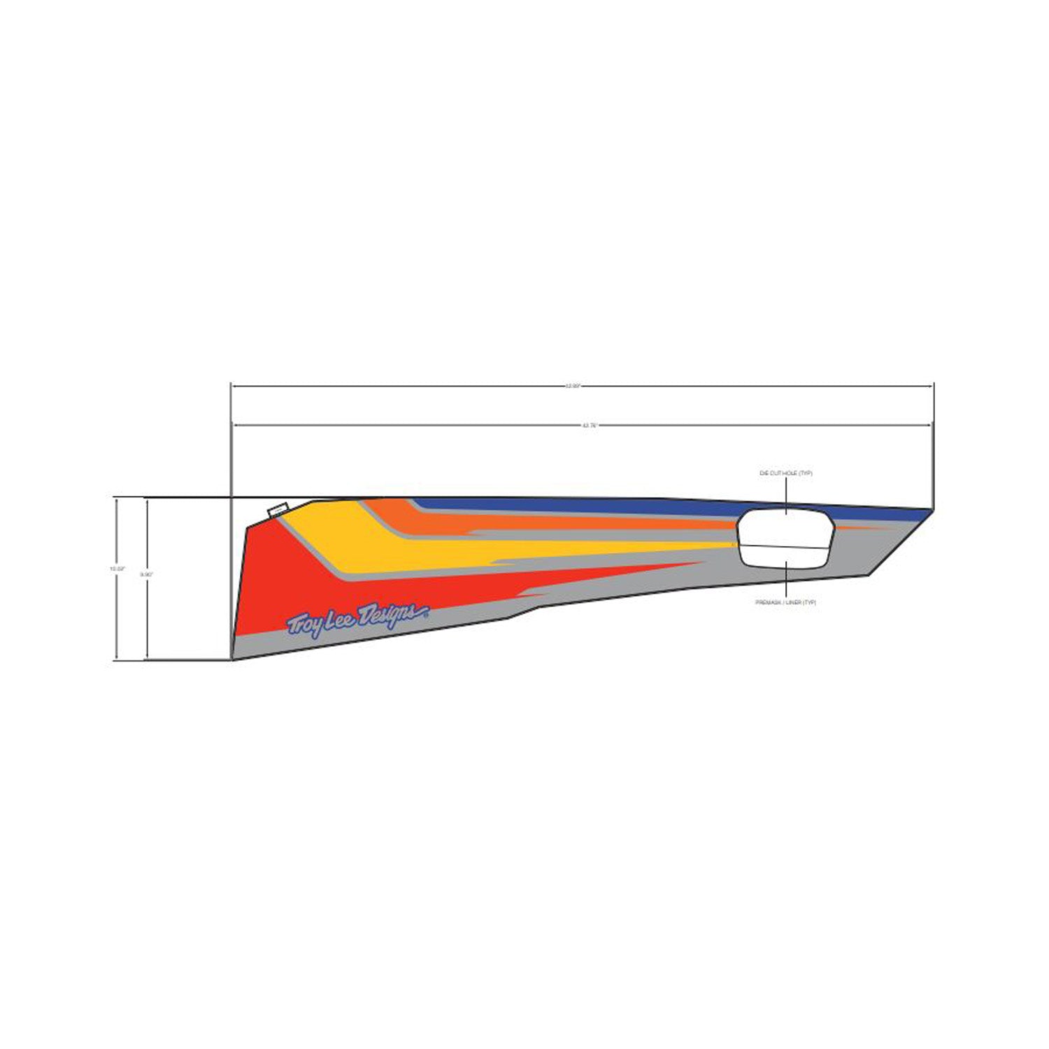 Off-road vehicle door decal with orange, red, yellow, and blue stripes, and Polaris logo in red.