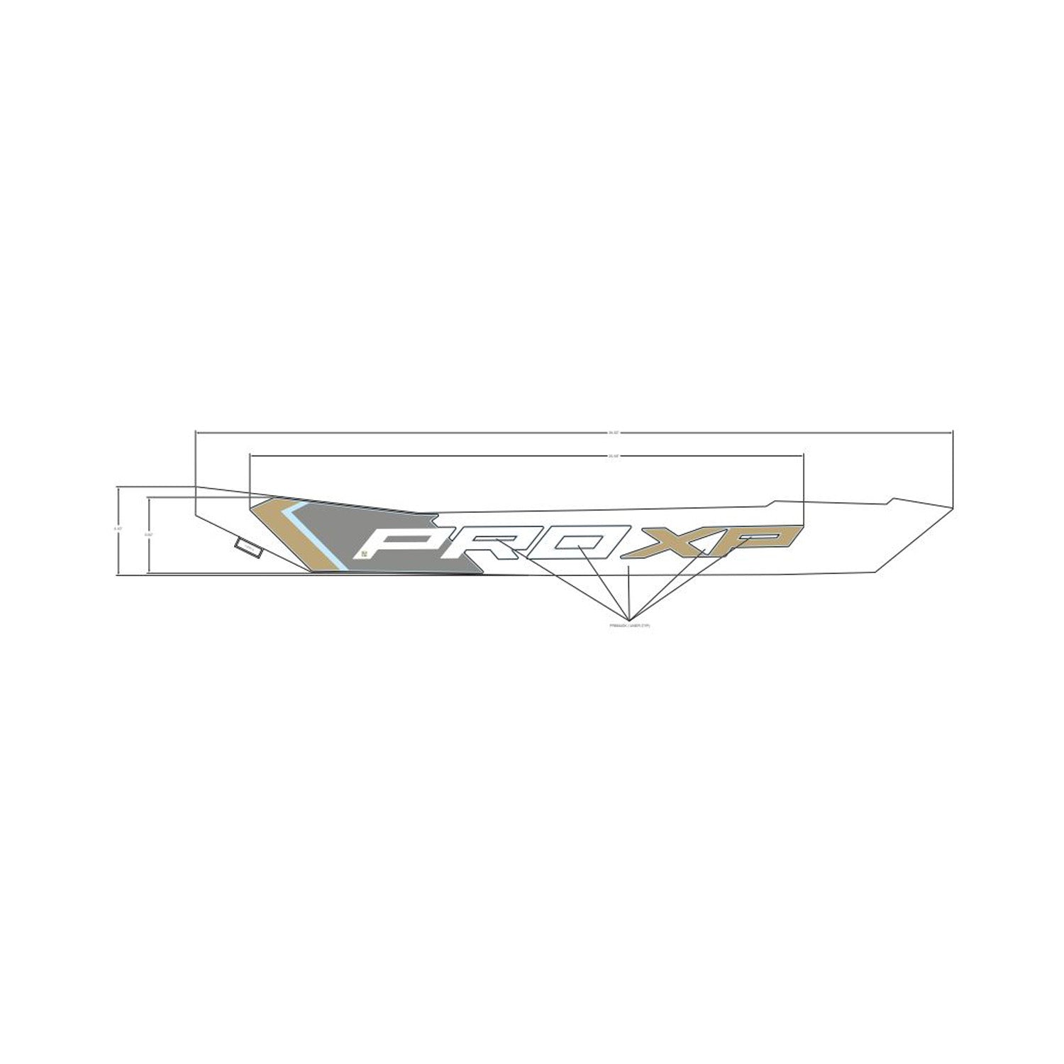 White and gold Pro XP lower rear fender decal with sharp angular design for left side.