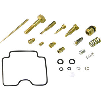 The Yamaha Carburetor Repair Kit by Shindy includes brass jets, jet needle sets, springs, float valves, O-rings, washers, and a black rubber gasket arranged on a white background.