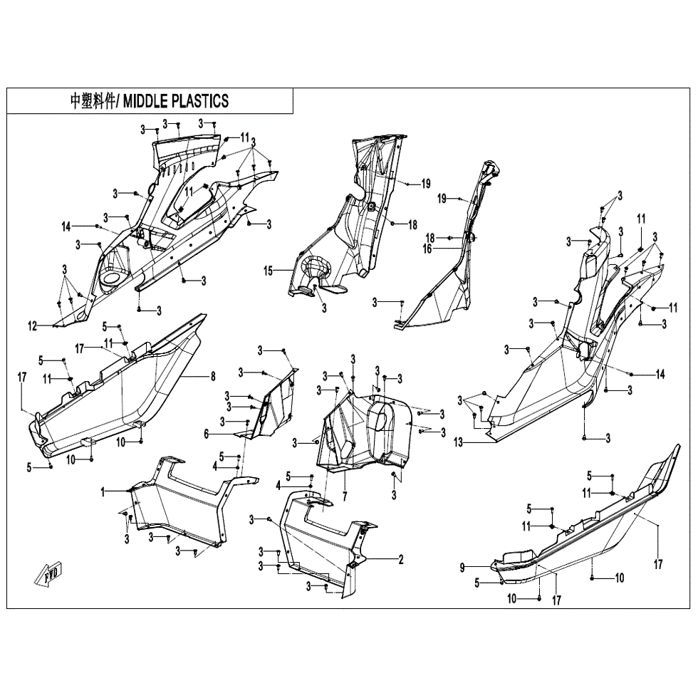 An Image of a Genuine CFMOTO Parts Schematic Diagram showing the schematic - MIDDLE PLASTICS(2) - 2022 CFMOTO ZFORCE 950 HO Sport