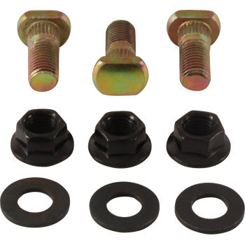 The Suzuki Wheel Stud Nut Kit Front & Rear QuadSport by Moose Offroad includes three metal bolts, three black wheel nuts, and three black washers arranged in neat rows—perfect components for your next wheel rebuild project.