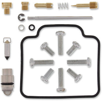 The Polaris Carburetor Repair Kit by Moose Offroad includes assorted metal parts, screws, springs, O-rings, NBR rubber gaskets, and fittings organized neatly on a white background.