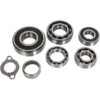 Set of six metal transmission bearings and a silver mounting plate, various sizes with black seals and polished steel.