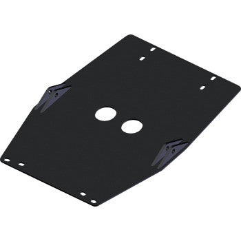 Black metal plow mount plate with multiple mounting holes and angled reinforcements on corners.