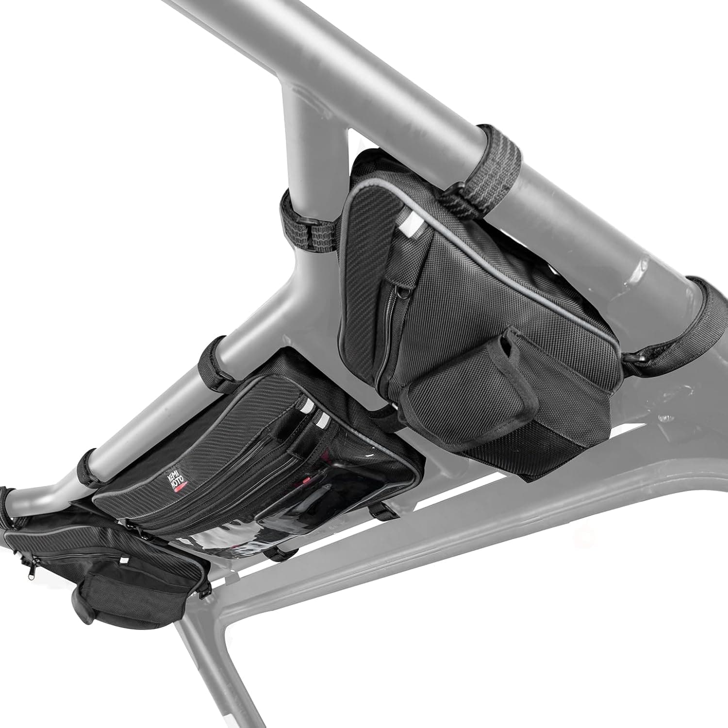 Three Kemimoto Polaris RZR XP 1000/4 UTV Overhead Roof Bags are strapped to the roll bars inside the vehicle, shown from below for easy access and ideal storage.