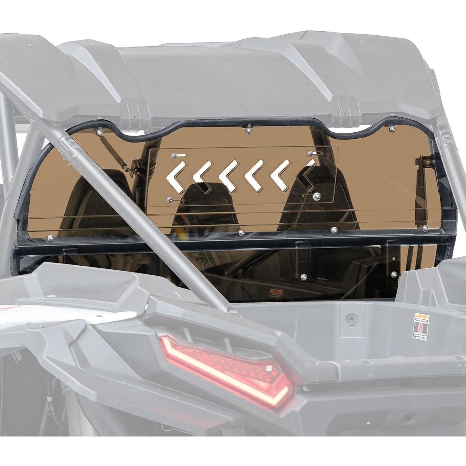 The Polaris RZR XP 1000 Tinted Rear Windshield by Kemimoto, made from scratch-resistant polycarbonate, features arrow-shaped vents and a sliding vent design that shows the roll cage, cargo area, and two front seats.