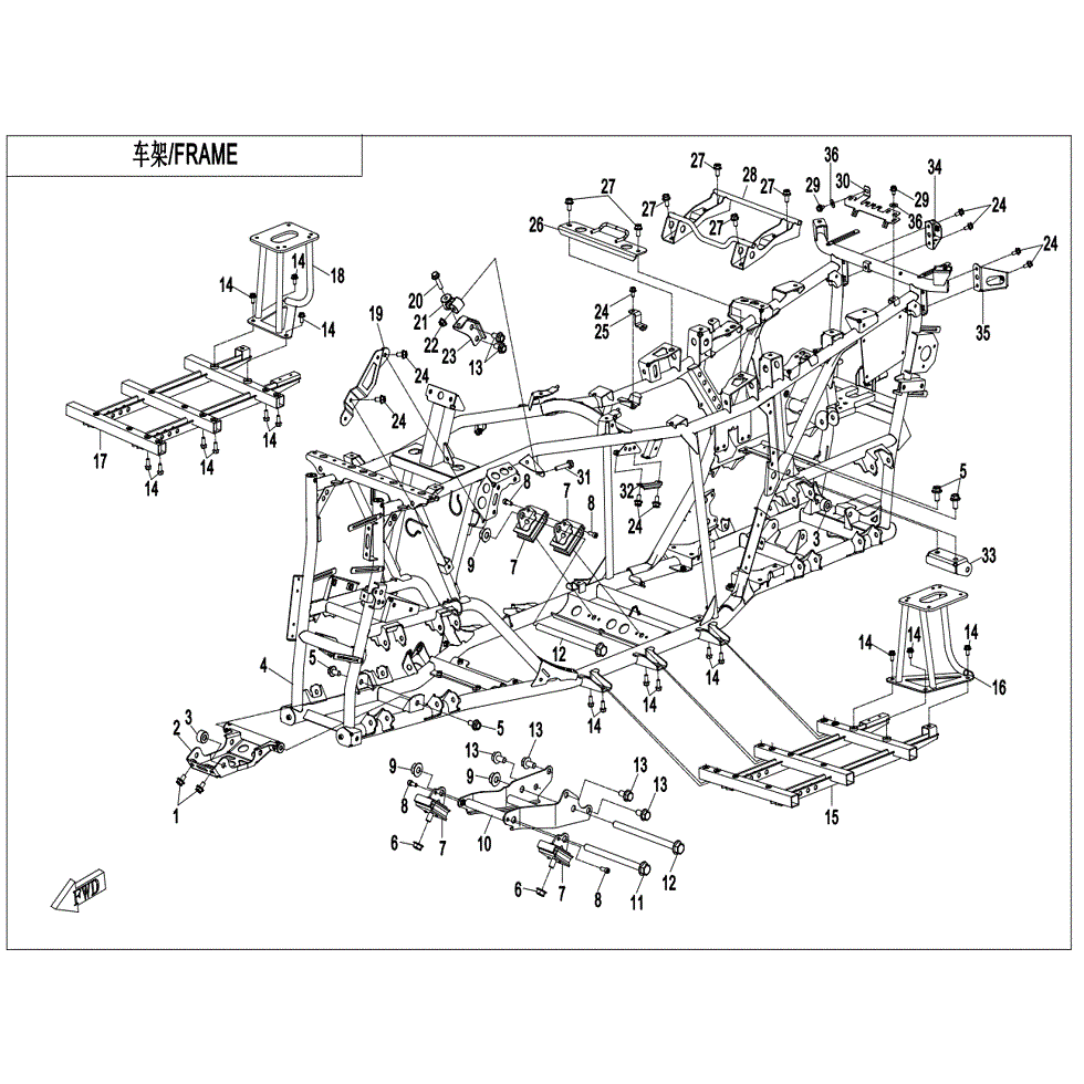 An Image of a genuine CFMOTO Parts Schematic Diagram showing the group - FRAME - 2022 CFMOTO CFORCE 600 Touring