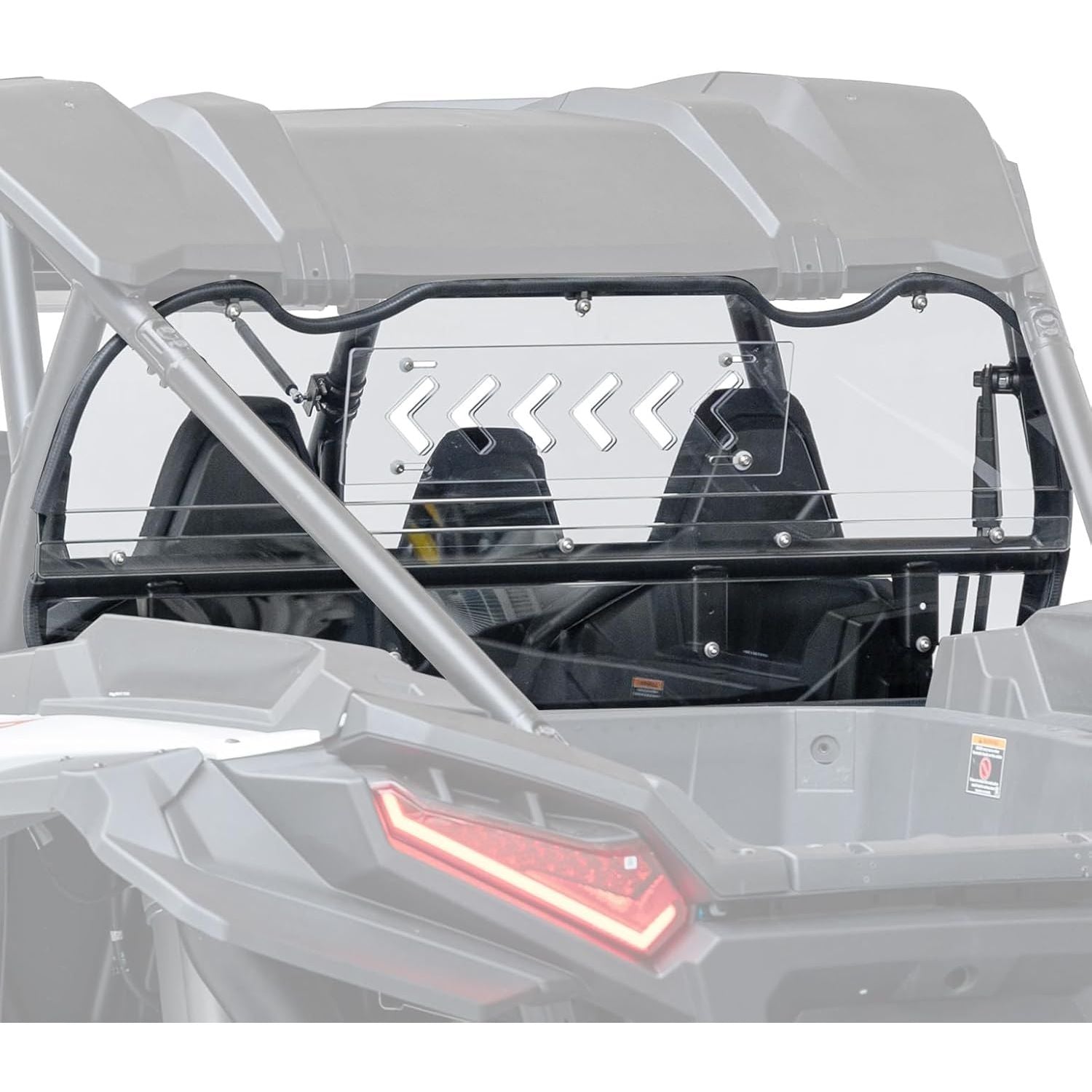 The Polaris RZR XP 1000 Vented Clear Rear Windshield by Kemimoto, shown mounted on a gray UTV with two seats and rear cargo area, features decorative arrow-shaped cutouts for protection and a stylish upgrade to your ride.