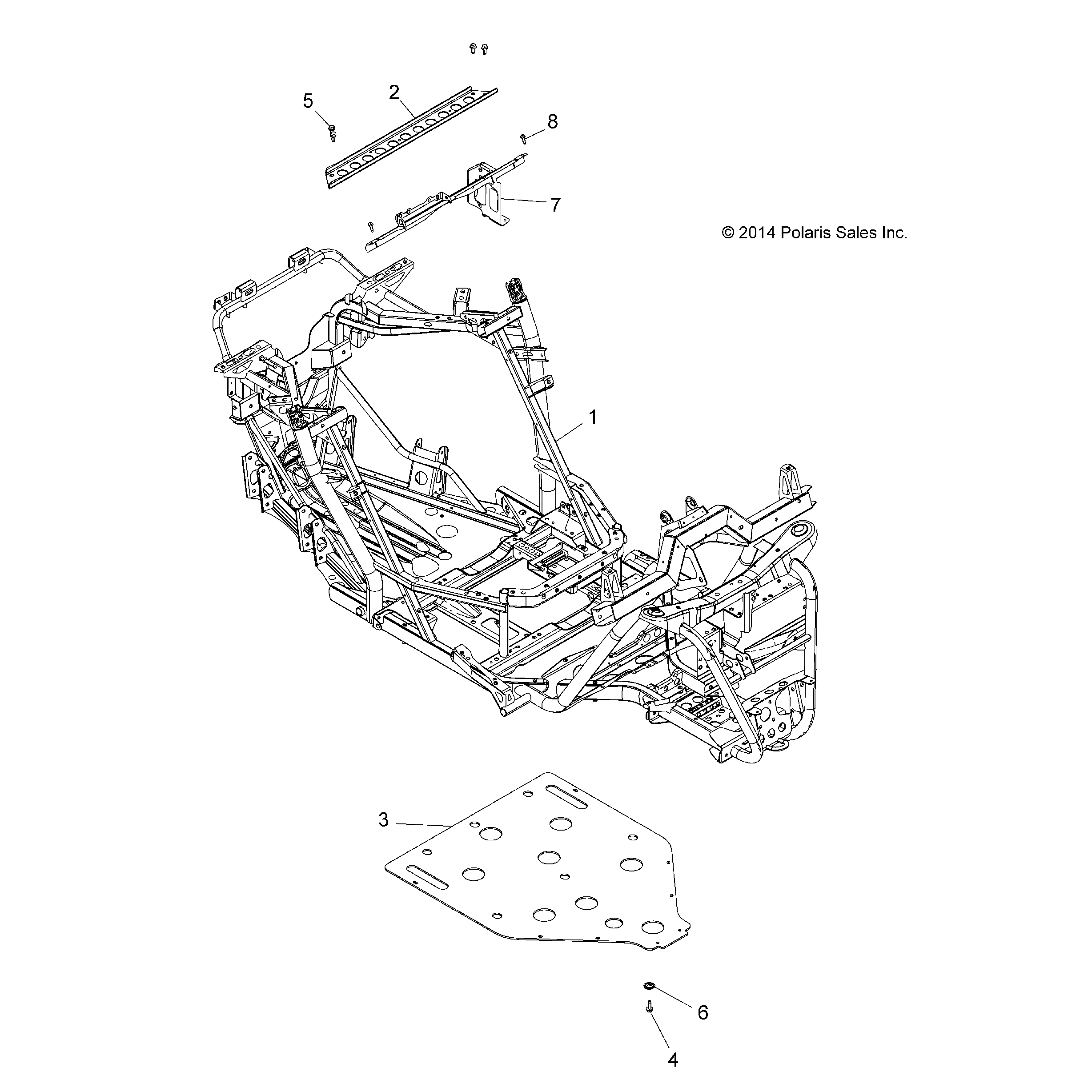 An Image of a Genuine Polaris Parts Schematic Diagram showing the schematic - CHASSIS: MAIN FRAME AND SKID PLATE - 2015 POLARIS SPORTSMAN ACE 325 EFI