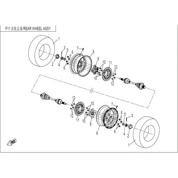 An Image of a Genuine CFMOTO Parts Schematic Diagram showing the schematic - REAR WHEEL ASSY - 2015 CFMOTO ZFORCE 800 Trail