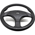 Black rubber steering wheel with three-spoke design and Can-Am logo center badge.