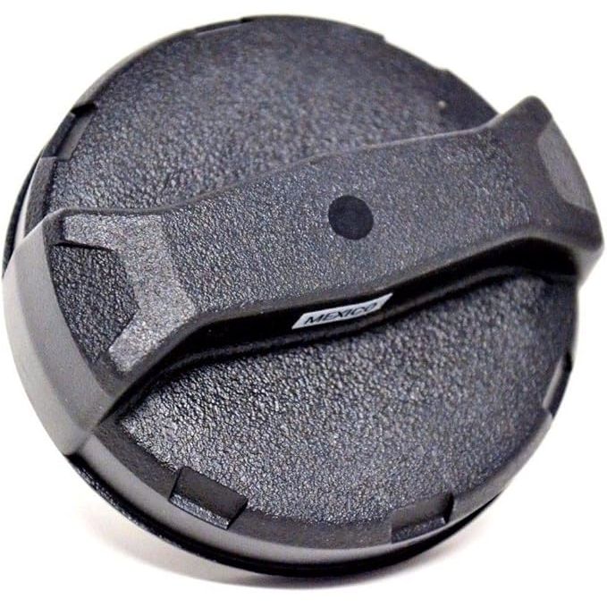 Black textured plastic fuel cap with integrated twist handle and notch details.