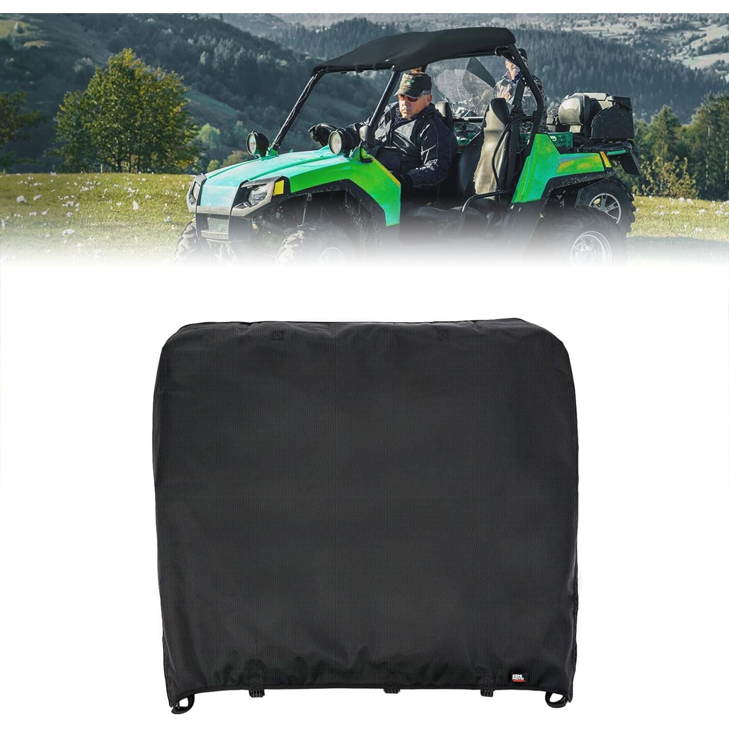 A Polaris RZR 570/Trail 570/800 with a man inside is parked outdoors. Below, the Kemimoto 1680D Oxford Fabric Roof is displayed as a large black protective cover against a white background.