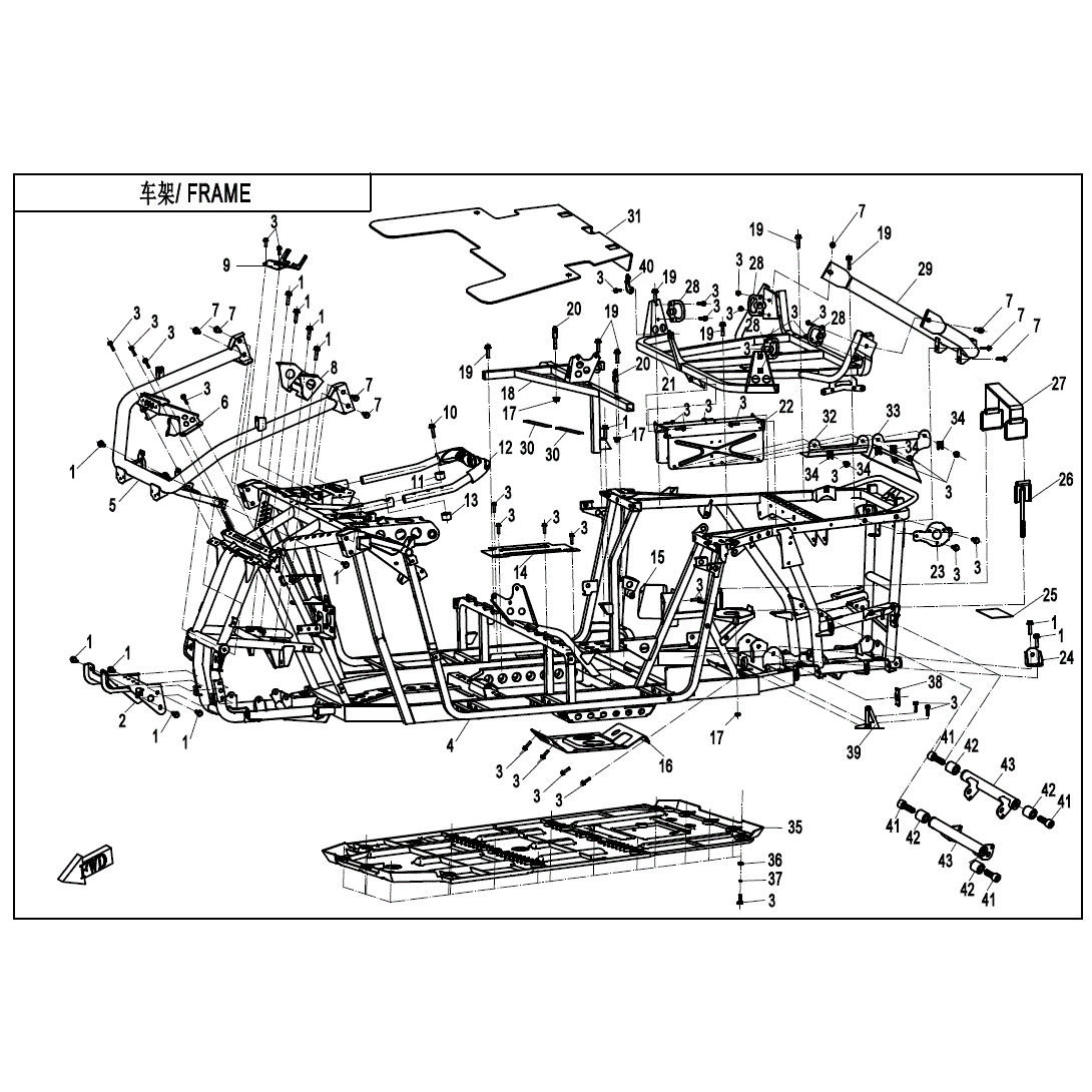 An Image of a Genuine CFMOTO Parts Schematic Diagram showing the schematic - FRAME - 2020 CFMOTO ZFORCE 800 Trail