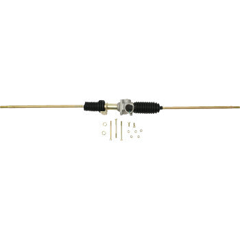 The Steering Rack by Moose Offroad features black rubber boots, tie-rods on each end, a central silver metal housing, and includes small metal fasteners and washers, all displayed on a white background.