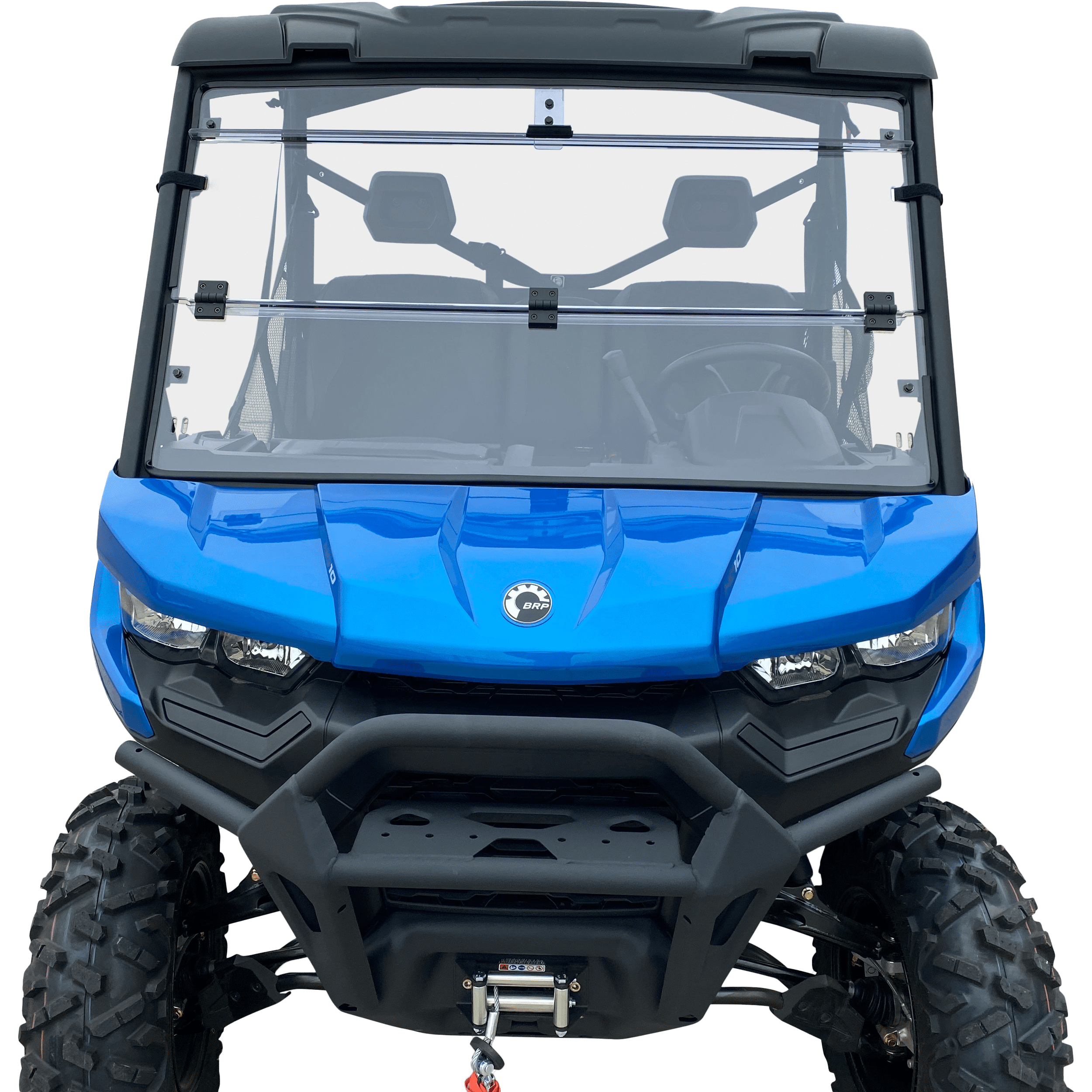 A blue off-road utility vehicle seen from the front features large rugged tires, a protective roll cage, and a Folding Windshield by Open Trail for safety, with a winch mounted on the front bumper.