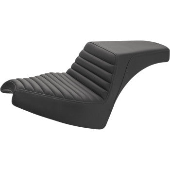 Black stepped motorcycle seat with front tuck-n-roll ribbed stitching and smooth rear section.