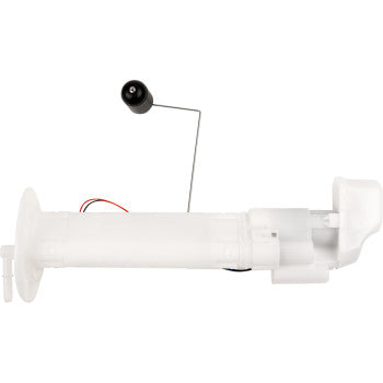 White cylindrical fuel pump module assembly with attached black float on metal arm and electrical wires.