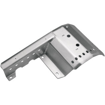 A silver, L-shaped metal bracket with multiple holes and a welded seam, designed for mounting the Kawasaki KFX Fat Series Skid Plate by DG Performance, providing structural support in automotive applications like skid plate or swingarm protection.