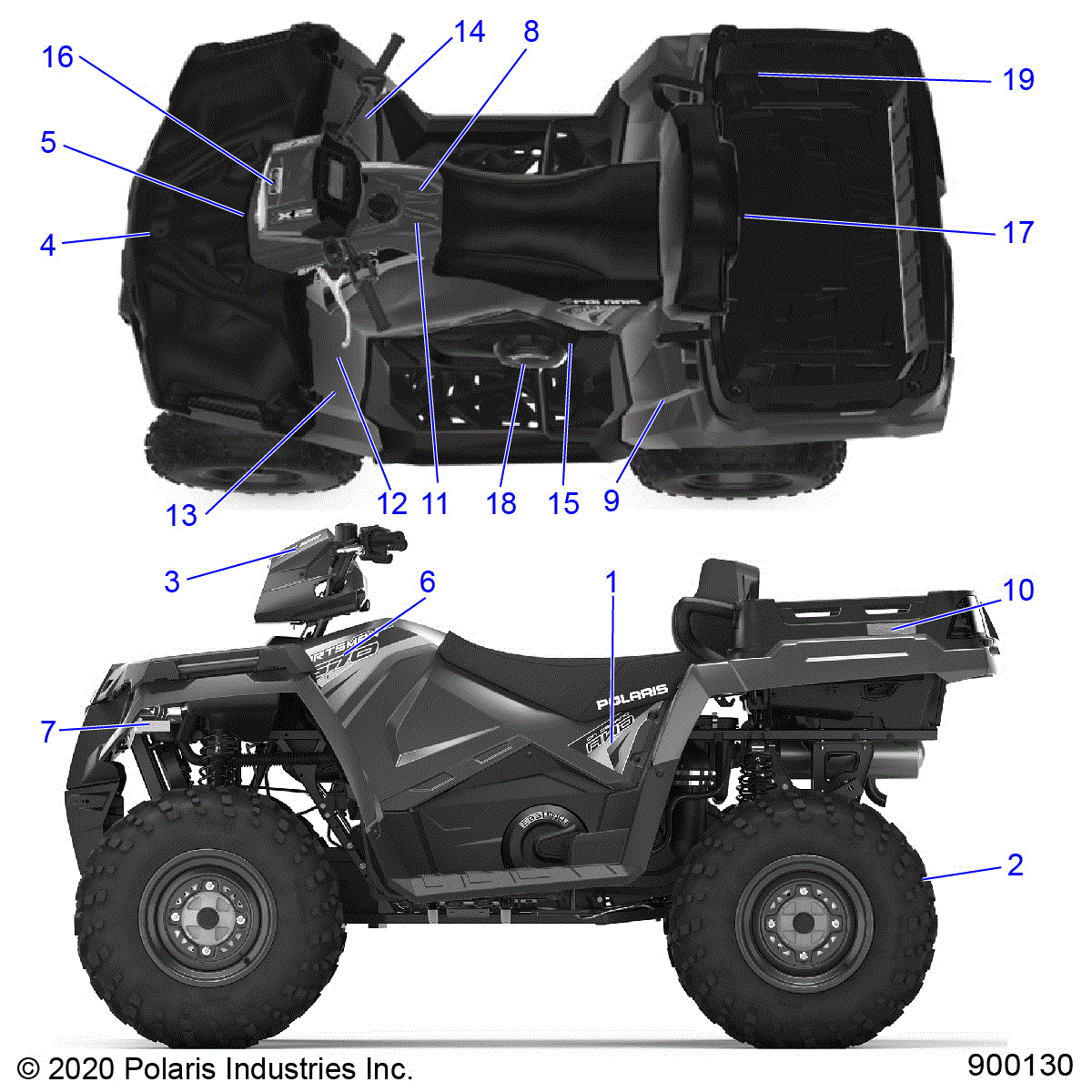 An Image of a Genuine Polaris Parts Schematic Diagram showing the schematic - BODY: DECALS - 2021 POLARIS SPORTSMAN 570 X2