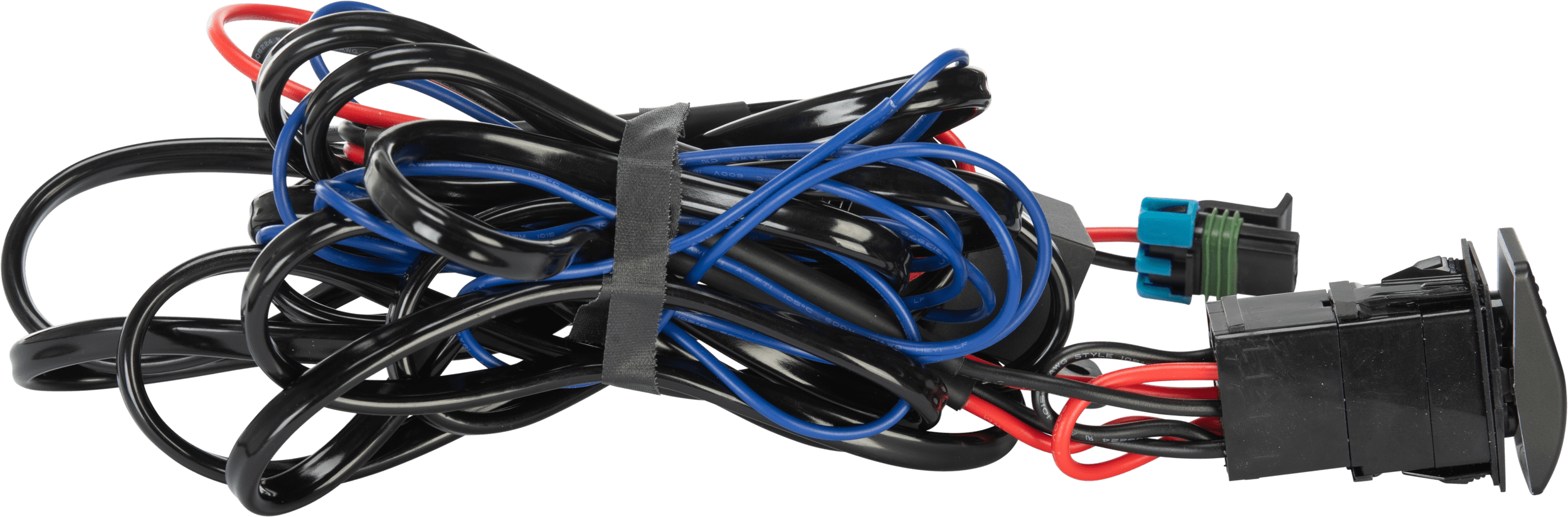 The Actuator Wire Harness by Open Trail features black, red, and blue electrical wires bundled with a black strap, complete with connectors and a Carling Technologies switch at one end.