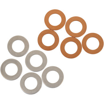 Set of metal and copper flat ring washers with central holes for M10 drain plugs.