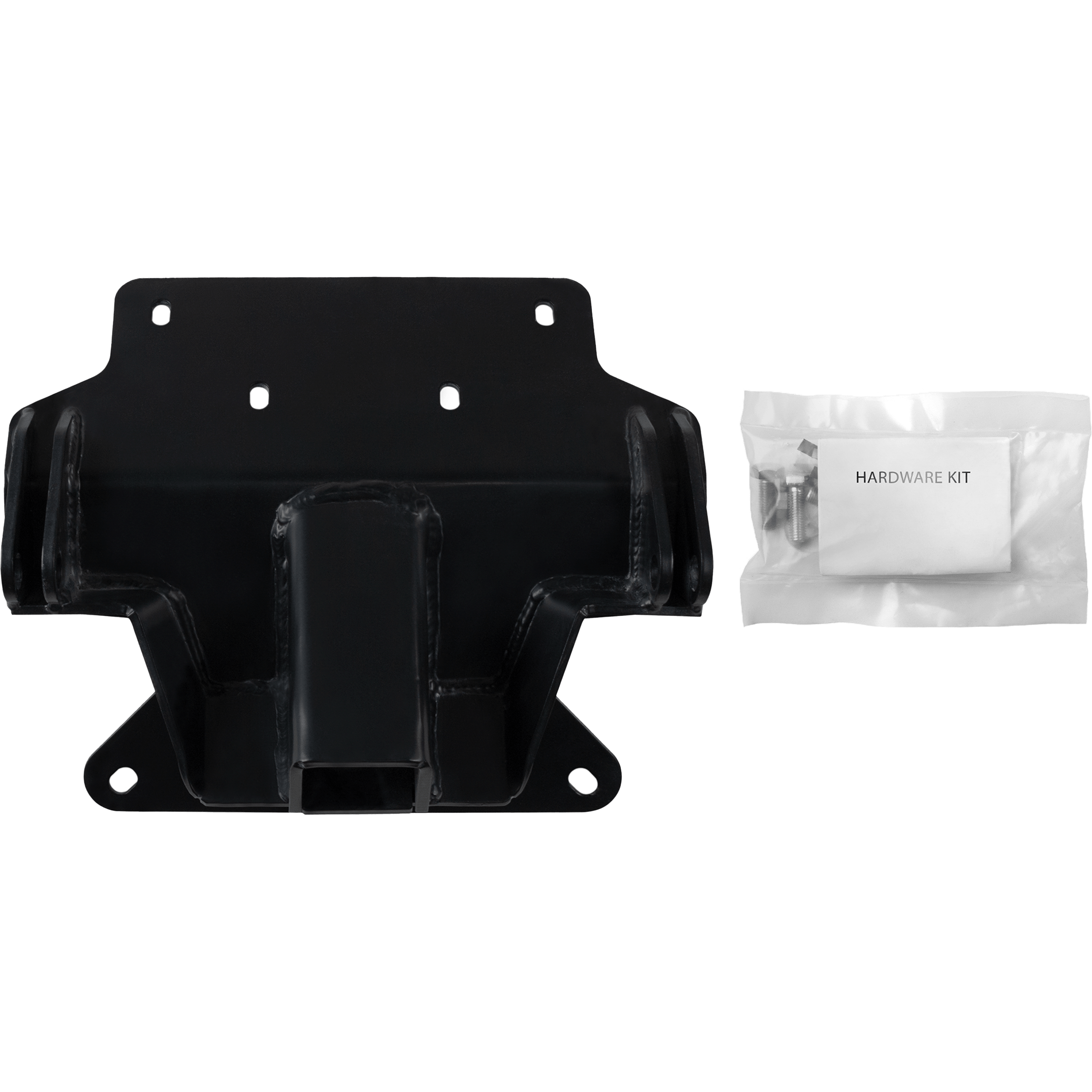 The UTV Plow Mount by Open Trail, made of black metal with four holes, is shown alongside a clear plastic bag labeled Hardware Kit containing screws and small parts.