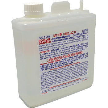 A 32 oz. translucent plastic container of Yuasa Battery Acid with a screw cap, built-in spout, and red/blue warning label highlighting sulfuric acid dangers including poison risks and severe burns.