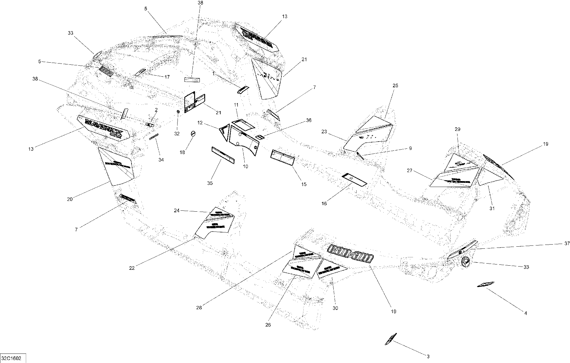 An Image of a Genuine Can-Am Parts Schematic Diagram showing the schematic - DECALS - MAX-DPS