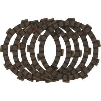 Four dark, circular Clutch Plates by Vesrah overlap to show notched edges and textured surfaces against a white background, illustrating high-quality friction plates designed to meet OEM standards.